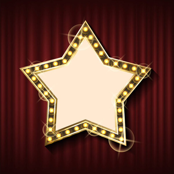 Star Shaped Empty Banner on Red Curtain Vector
