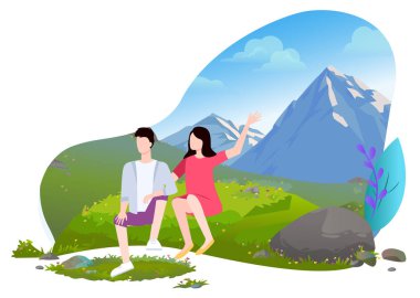 Meadow Dağ Peyzaj Vektör oturan Çift