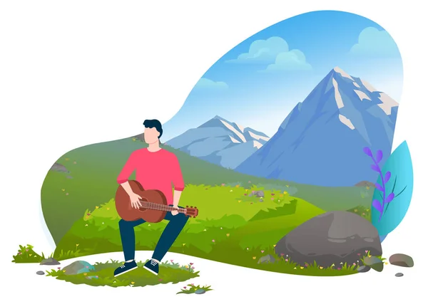 L'homme assis sur l'herbe et jouant du vecteur de guitare — Image vectorielle