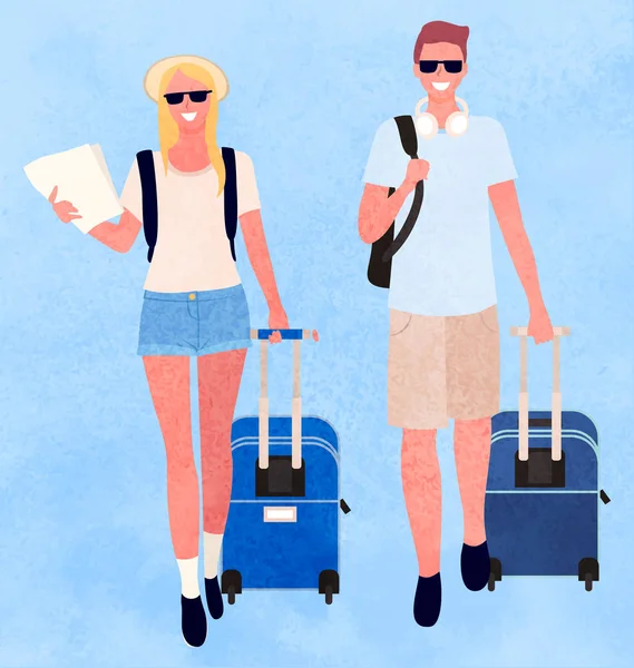 Traveling Man and Woman Couple with Bags Luggage — Stok Vektör