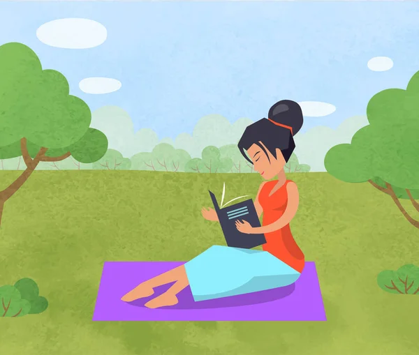 Mujer relajándose en el parque leyendo libro sobre manta — Vector de stock