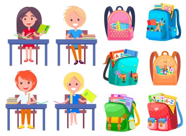 Kız ve Oğlan Çalışma, Sırt Çantası Yapıştırıcı Vektörü