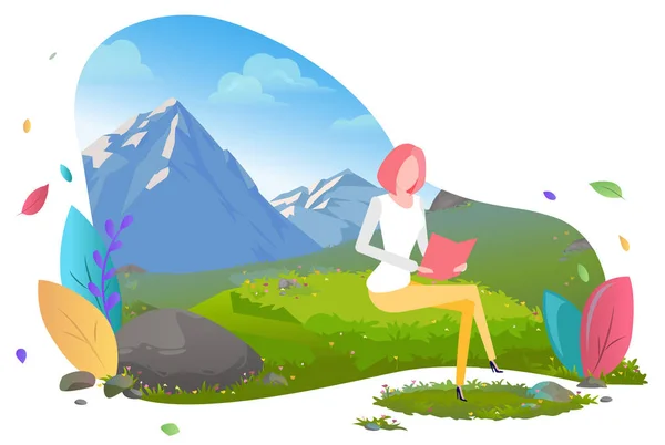 Woman Freelance Worker with Laptop in Mountains — Stockvector