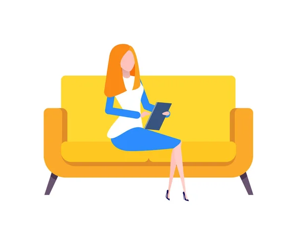 Lady with Gadget Working from Home Person Vector — Stock Vector