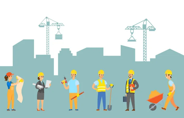 Pracownicy na budowie budynku, inteligentny zespół — Wektor stockowy