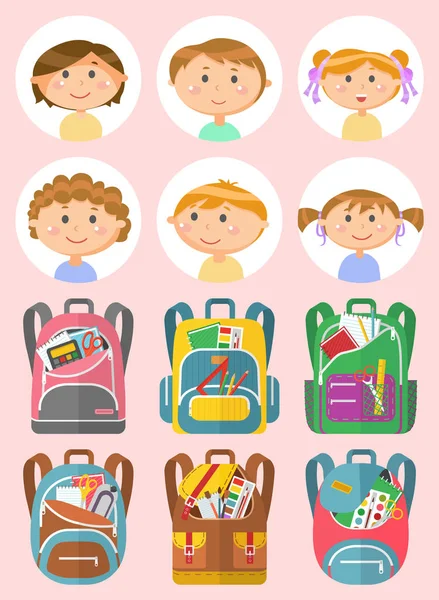 Escuela niños retratos, mochila conjunto vector — Vector de stock