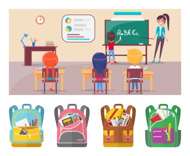 Öğretmenle okul dersinde mektup öğrenen çocuklar