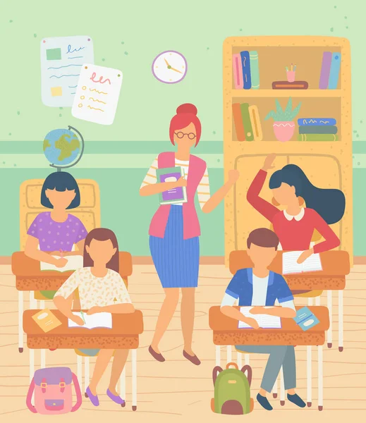 Okul Bilgi Posteri Çocukları ve Öğretmeni Veriyor — Stok Vektör