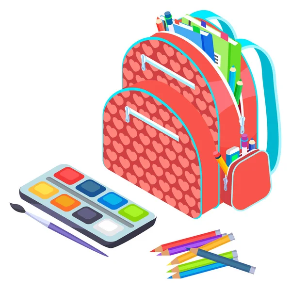 Sac à dos avec carnet et stylo, vecteur scolaire — Image vectorielle