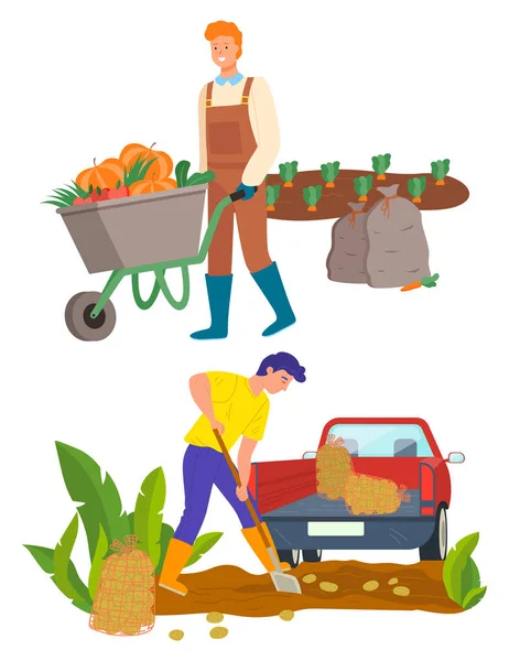 Persona agricultora en plantación que transporta vegetales — Vector de stock