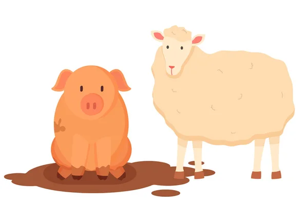 Sheep with Wool and Pig Sitting in Dirt Vector — ストックベクタ