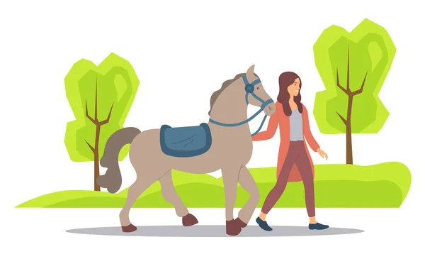 Woman and Horse on Nature, Park or Farm Forest — Stock Vector