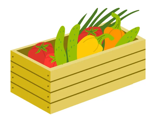 Warzywa w drewnianym pudełku, zbiory w przypadku wektora — Wektor stockowy