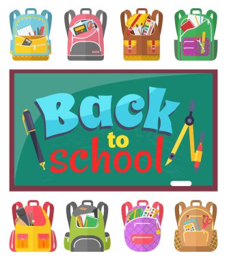 Okul, tebeşir tahtası ve okul çantaları, kırtasiye araçları