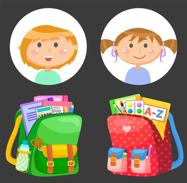 Bolsos escolares y escolares Avatares, Papelería — Vector de stock