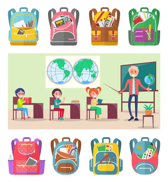 Los alumnos Strudy Geografía con Mapa del Mundo y Globo — Vector de stock