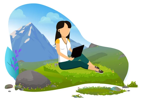 Chica con Tablet Computer en las montañas Vector — Vector de stock