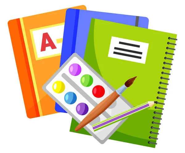 Copybook and Textbook, Paints and Brush Vector — стоковий вектор