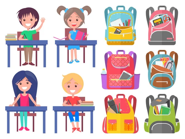 Girl and Boy Studying, Backpack Sticker Vector — Stock Vector