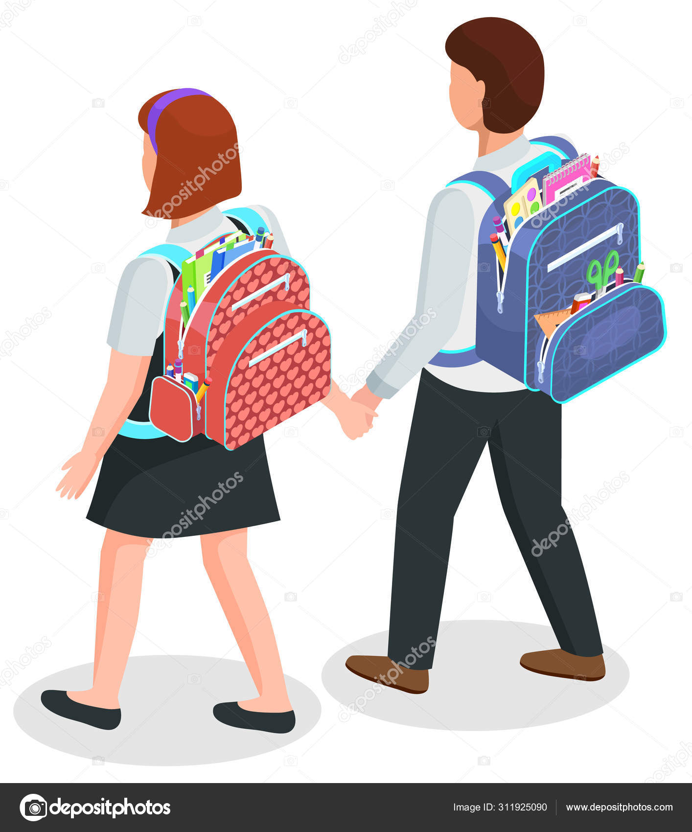 Image vectorielle Écoliers avec sacs à dos, Garçons et Filles en