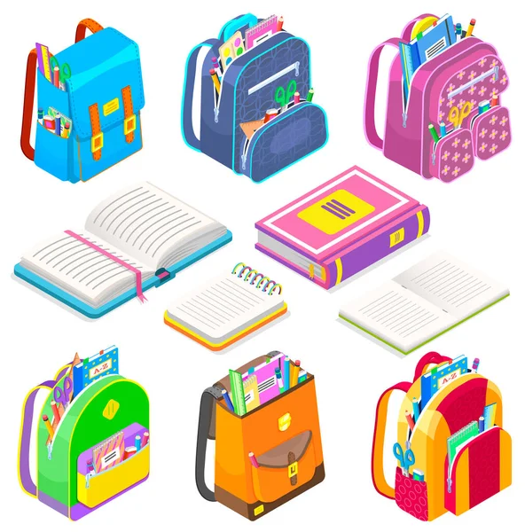 Fournitures scolaires Cartables et livres Sacs Set Icône — Image vectorielle