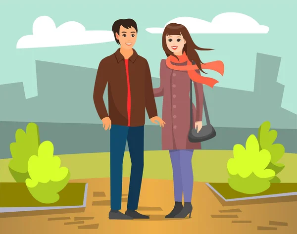Sonbahar Şehir Parkı 'nda Yürüyen Çift Erkek ve Kadın — Stok Vektör