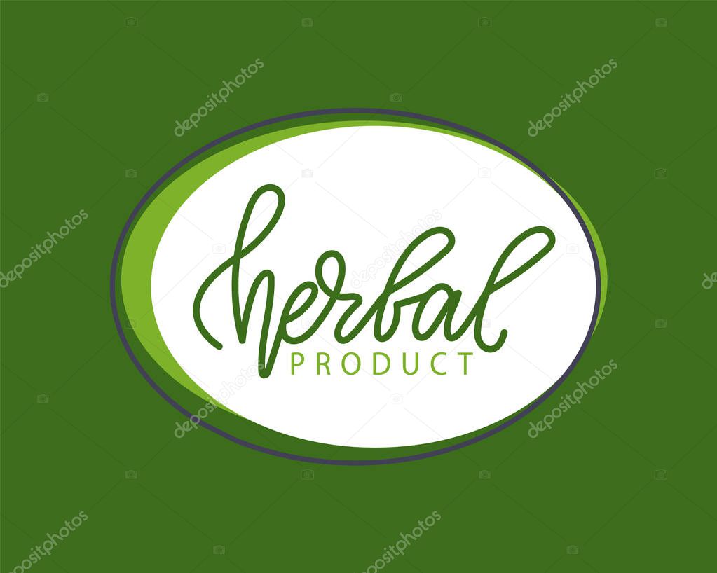 Herbal product, oval logo on green, poster with circle icon, vegetarian label, vegan package or label, stamp of bio or healthy product, eco symbol vector