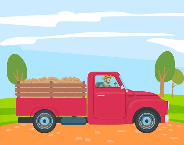 Caminhão de condução do agricultor com batata no tronco, agricultura —  Vetores de Stock