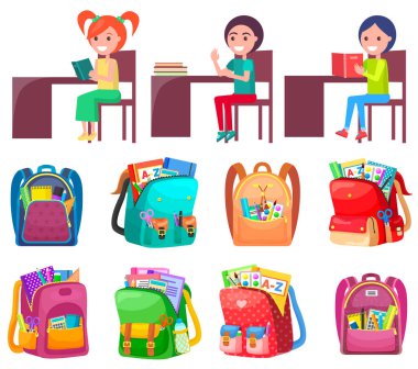 Kız ve Oğlan Çalışma, Sırt Çantası Yapıştırıcı Vektörü