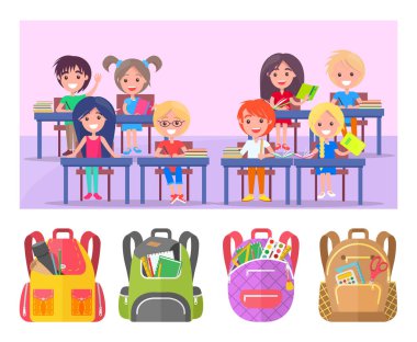 Kız ve Oğlan Çalışma, Sırt Çantası Yapıştırıcı Vektörü