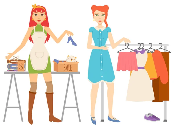 Γυναικεία ψώνια, κατάστημα ρούχων και βιβλίων Σετ πώλησης — Διανυσματικό Αρχείο