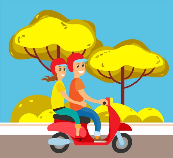 Couple on Moped or Scooter, Suburban Street Road — Stock Vector