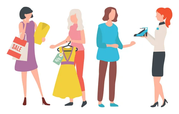Vêtements et Chaussures, Femme Shopping, Acheter Vecteur — Image vectorielle