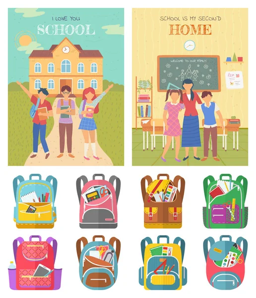 Ensemble de sacs de retour à l'école, Éducation pour les étudiants — Image vectorielle