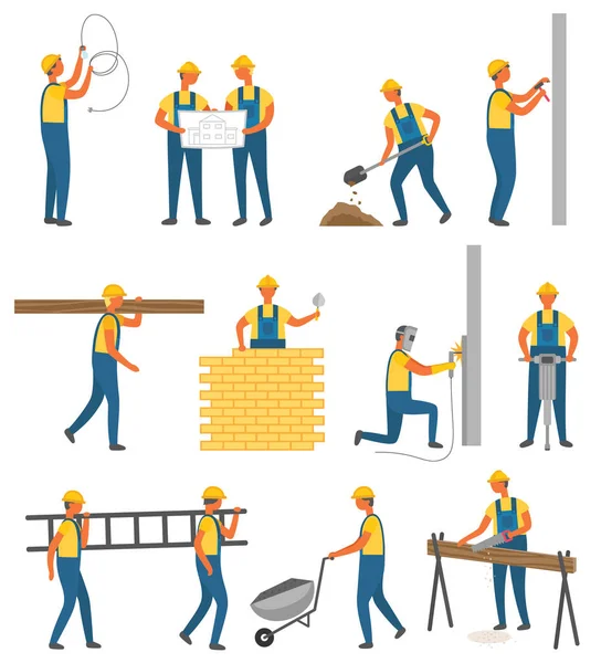 Reparador y zona de construcción, hombre constructor vector — Vector de stock