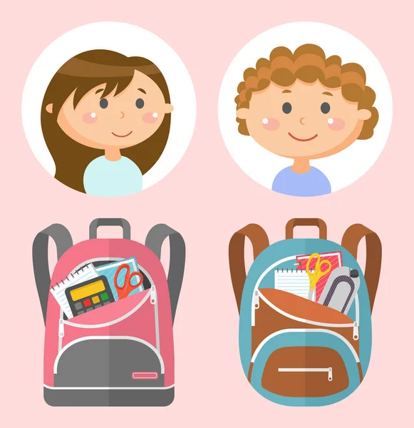 Шкільні сумки та шкільні дитячі аватари, канцелярські товари — стоковий вектор