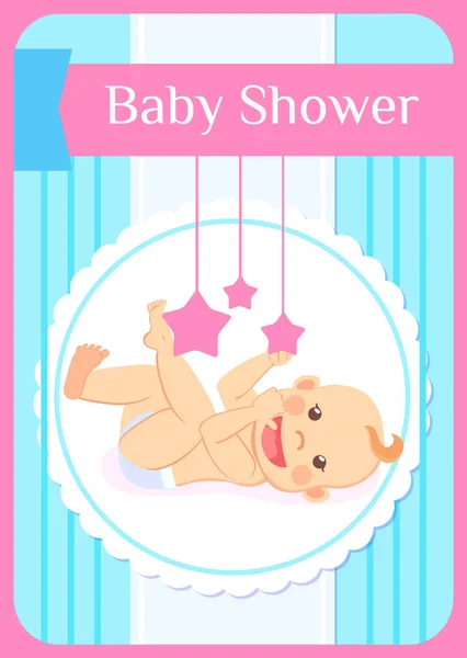 Baby Shower Greeting Card, Child Play with Mobile — ストックベクタ