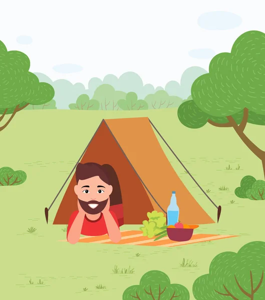 Camping and Man in Tent, Summer Outdoor Activity