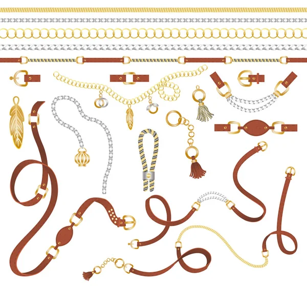 Cinturones de cuero, elementos de decoración de cadena — Vector de stock