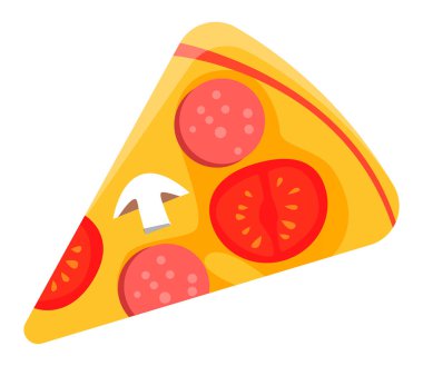 Salamlı, domatesli ve mantarlı sıcak pizza dilimi