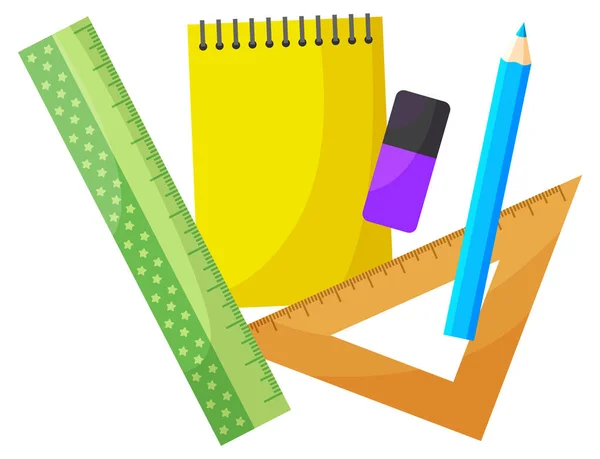 Documento de oficina, cuaderno escolar y conjunto de lápices — Vector de stock