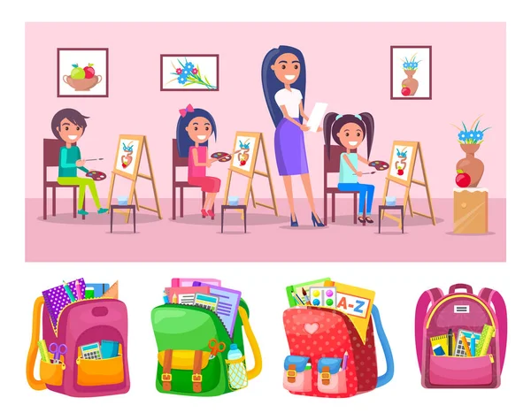 Art Lesson Class and Schoolbags with Stationery — Stock Vector