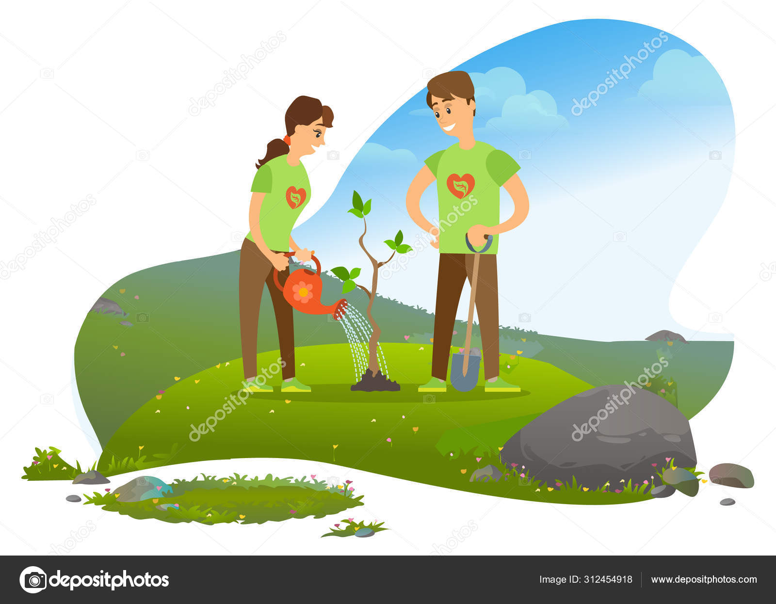 Hombre y mujer plantando árboles en las montañas, Naturaleza ...