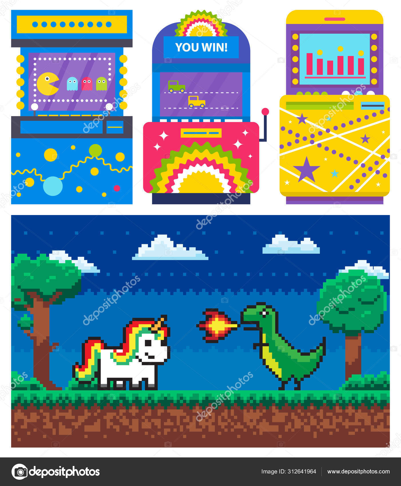 Tela de vitória de jogo de pixel interface de videogame retrô de 8 bits com  fundo de nível de jogo de computador de texto you win ilustração vetorial de  pixel art