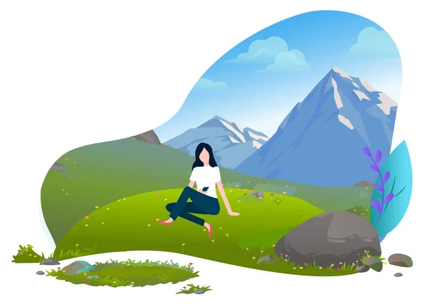 Fille assise sur l'herbe Montagnes Arrière-plan vecteur — Image vectorielle