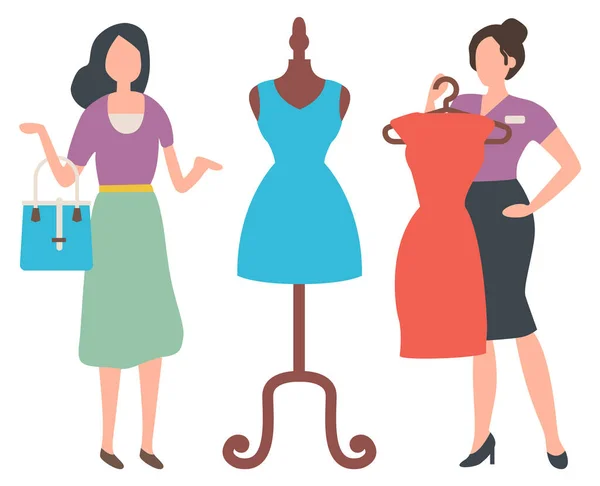 Mujer Comprando Vestido, Mujer Compradora, Vector de Mercado — Archivo Imágenes Vectoriales