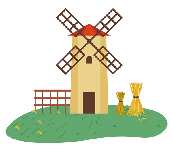 Windmill and Hay Bales Tied with Threads Vector