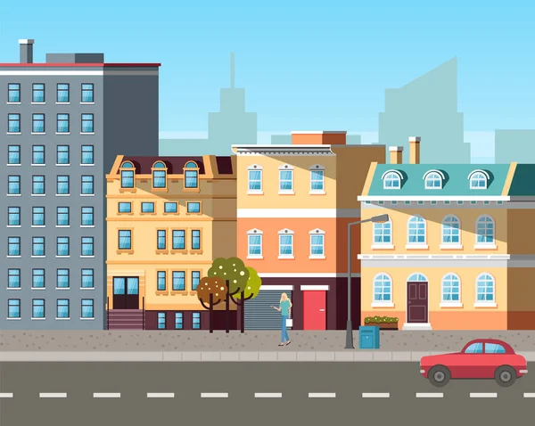 Straße mit Gebäuden und Autos auf Straßen Vektor — Stockvektor