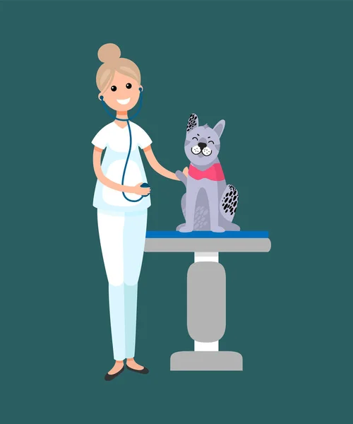Tierarzt kümmert sich um Katzenpatientin auf dem Tisch — Stockvektor