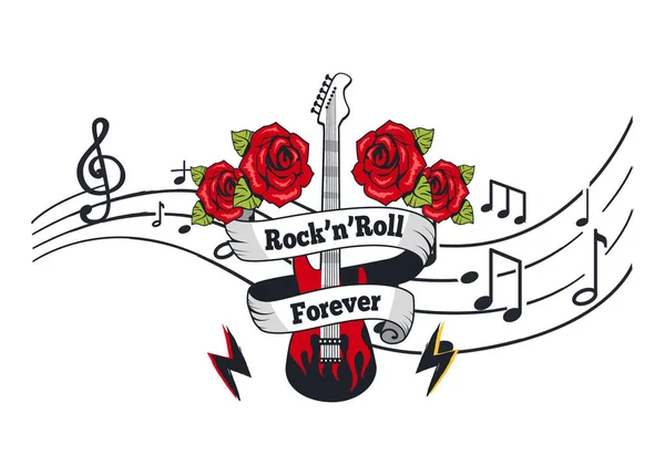 Rock n Roll Forever, elektrische gitaar met rozen — Stockvector